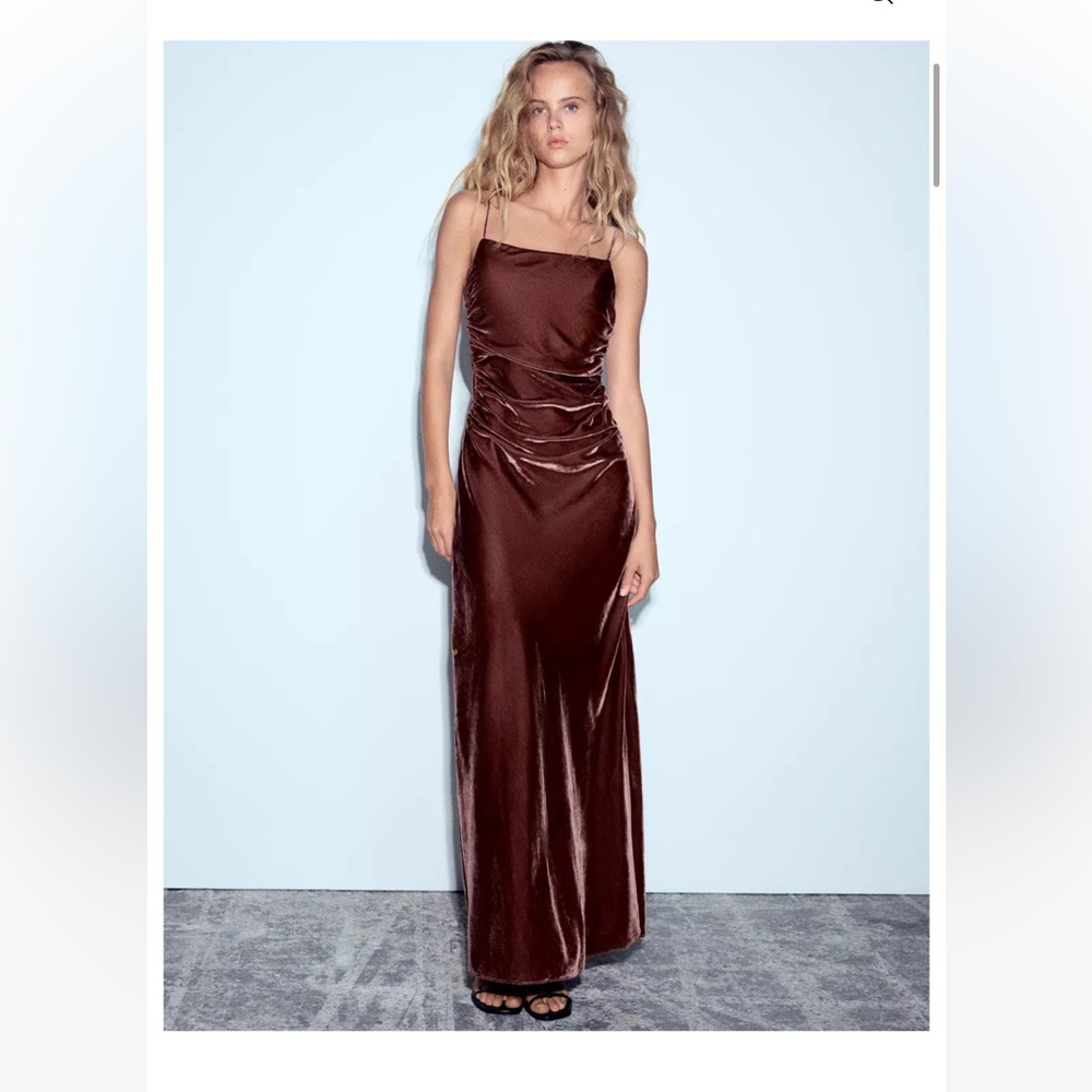Zara Rust Brown Velvet Strapless Maxi Dress